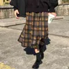 Vintage Yün Pileli Ekose Etek Kadınlar Yüksek Bel Artı Boyutu Uzun Etek Sonbahar Kış Harajuku Kadın Parti Etek Streetwear 210419