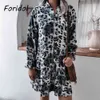 Vestido corto de manga larga con estampado de leopardo para mujer, vestido corto con cuello en V y botones, faja gris, vestidos elegantes 210427