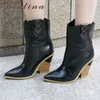 Mid-Calf Laarzen Merk Dames Autum Vreemde Stijl Hoge Hak Western Puntige Teen Schoenen Vrouwelijke Wintermaat 33-46 210517