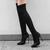 Cuir noir Cuissardes Nouvelle Mode Haute Qualité Femmes Chaussures Sexy Talon Mince Bout Pointu Sur Le Genou Bottes Dames Bottes H1123