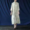 Johnature Women Chinese Style Sukienki Stojak Siedem Rękaw Drukuj Kwiatowa Bawełniana Pościel Cheongsam Wiosna Kobieta A-Line Dress 210521