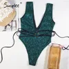 Brilhante mulher verde maiô uma peça bodysuits v pescoço de alto corte swimwear mulheres banhos de banho atadura biquíni mujer 210414