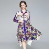 Kobiety Chic Moda Kwiat Drukowane Plisowane Midi Sukienka Vintage Koszula Kołnierz Długie Rękaw Kobiecy Suknie Vestidos Mujer 210416