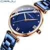 Dameshorloge CrRju Mode Luxe Blauw Horloge voor Dames Casual Waterdicht Quartz Dames Rvs Horloge Relogio Feminino 210517