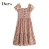 Floral Print Short Sleeve Long Dress Women Summer Button Pleated Beach Maxi Square Collar Elegant Sundrss Vestido 210515