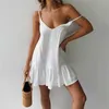 Spaghetti Strap Dresses Off Shoulder Women Summer Dress White Shift Dress Ruffle Sexy Sundress Mini Cotton Linen Vestidos 210323