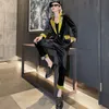 Women's Two Piece Pants Women's Lady Office Set Black Velvet Animal Print Spliced Blazer Elastic Waist Straight 2 Pieces Elegant Single