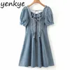 Vintage Blue Denim Dress Women Sexy Backless V Neck Puff Sleeve High Waist A-line Mini Summer Elegant Lady es 210514