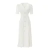 女性の白いドレス春の夏の贅沢なシングルブレストサテン半袖Vネックボトンミディドレス210608