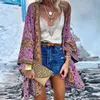 Kvinnors badkläder 2021 Kvinnor Boho tryck Floral Beachwear Kimono Cardigan Löst långärmad sjalkapslar Blusa bikini Cover Wrap Outdoor Thin