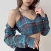 Waatfaak Plaid Drukuj Z Długim Rękawem Crop Top T Shirt Kobiety Patchwork 2 Sztuk Turn-Down T-Shirt Harajuku High Street Y2K Eesthetic X0628