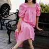 Ретро длинное платье сплошной вздохнул квадратный шейный слоеный рукав свободные платья элегантные винтажные старинные клуб летом женские шикарные девушки 210521
