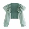 Za Knit Top Women Ruffled Organza Blouse O-neck Long Sleeve Ribbed Trim Feminine Patchwork Autumn Knitted Blouses 210602