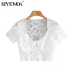 Blusas recortadas de encaje transparente a la moda para mujer, camisas femeninas de manga corta con cuello en V, Blusas elegantes, Tops 210420