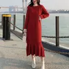 Knitted Red Crew Neck Midi Sweater Dress Autumn Winter Elegant Long Sleeve Stragiht Loose Ruffle Cable Solid D1564 210514