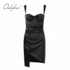 Summer Women Party Spaghetti Sexy Bodycon Strap Black Satin Dress 210415