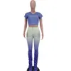 Sporty Fitness Kobiety 2 Sztuka Zestaw Gradient Kolor Hip Plotki Plisowane Split Micro Flare Spodnie Dla Kobiet Casual Ułożone Dres Y0625