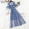 Elegant Mesh Midi Long Dress Two-Piece Sets Sweet Lace Kvinnor Sommar Kortärmad Ruffled Collar Vestido 13416 210506