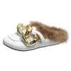 Slippers winter real metal ketting muilezels vrouwen schoenen loafers rond teen casual harige glijbanen pluizige harige flipflopsslippers