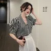 ビンテージラペル半袖黒の縞模様のシャツの女性の緩い夏のファッションの服赤トップスBlusas Mujerエレガントなセクシーなブラウス210610