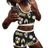 Sexig 2 stycken Set Homewear Women O-Neck Ärmlös Star Print Crop Tops High Waist Shorts Sports Workout Outfit TrackSuit 210525