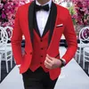 3 st röda herrkläder med svart sjal Lapel Party Costume Slim Fit Suits Tuxedos Prom Suit for Wedding Prom (Acket + Pants + Vest) x0608