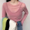 Ruoru Sexy Women T Shirt See Through Transparent Mesh Tops Long Sleeve Ladies T-Shirt Pink Green Top Basic Tops for Women G220228