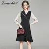 Women Elegant Ruffles Hem Mermaid Patchwork Long Sleeve V Neck Office Lady Shirt Female Autumn Spring Dress Vestidos 210416