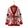 Plus Size Cardigans Women V-Neck Red Brown Coat Gils Oversize Sweater Cartoon Jacquard Knitting Female Clothing Tops