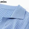 AProms Vintage Candy Color V-Neck Ribbed Stickade Tröjor Kvinnor Långärmad Mjuka Bodycon Pullovers Spring Stretch Jumpers 211103