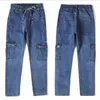 Calça jeans de cintura alta masculina em linha reta grande tamanho jantar calça masculina preto jeans laterais multi bolso azul solto elástico banda de carga 211104