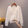 Ly Varey lin вязаные свитера женщины осень зима корейский стиль сексуальный v шеи одиночный солидный белый короткий кардиган 210526