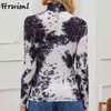 Shirts Women Casual Tie Dye Printing Home Style Fashion T Shirt Long Sleeve Turtleneck Vintage Roupas Femininas 210513