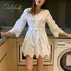 Summer Sweet Women Ruffle Cotton Shirt Fashion Lace Crochet Patchwork Hollow Out Party Blouse Sexy Top 210415