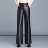 Women's Pants & Capris Women 2021 Autumn Winter Wide Leg Trousers Female Elegant Real Leather Ladies Casual Button Zip Black Plus Size W04