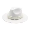 donne inverno fascia a tesa larga cintura perla panama chiesa formale bianco rosa lusso fedora cappelli in feltro sombreros de mujer