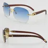 Wholesale Selling T8100905 High Quality Fashion Wood Sunglasses Carved Wooden Rimless 18K Gold Glasses UV400 Lens male and female Frames Frame Size:57-18-135mm