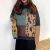 Leopardo de malha suéteres coreanos pulôveram mulheres outono inverno cor-bloqueado manga longa o-pescoço solto moda jumpers 210513