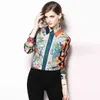 Women Runway Flower Print Tops Vintage Printing Blouses Long Sleeve Shirt Work Casual Chiffon Blouse Summer Pocket Blusa 210416