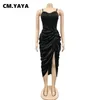 CM.YAYA Women Spaghetti Strap Sweetheart Neck Ruched Side Slit Dress Autumn Winter Sexy Club Party Night Irregular Dresses 220308