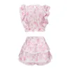 High Quality Sunday Set elastic waistband Cropped top with ruffle detail and cute ruffle mini shorts skirts 210330