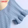 Kvinnor Blå Ruffled Cropped Stickad Sweater Patchwork Collar Kortärmad Kvinnlig Pullovers Chic Tops Be476 210416