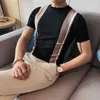 夏の縞模様のニットTシャツの男性半袖スリムフィットTシャツ韓国カジュアルOネックトップスティーアイスシルク通気性ストリートウェア210527