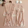 Dames Nachtkleding Bruids Sexy Kimono Badjas Toga Gedrukt Bruiloft 2 Stks Robe Set Losse V-hals Spaghetti Strap Nachthemd Kant Trim