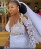 2022 Plus Size Luksusowe Syrenki Suknie Ślubne Sheer Neck Zroszony Custom Made Arabski Aso Ebi Sparkly Cekiny Suknie Ślubne