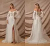 Abiti da sposa stile country da spiaggia A Line Abiti da sposa Applique bohémien Maniche lunghe Stringate sul retro Abiti da cerimonia in tulle con spacco alto Abiti da sposa