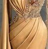 ASO EBI 2021 Arábia Noite Pageant Vestidos De Ouro Chamapgne Manga Longa Frisada Laço Africano Sereia High Split Prom Vestido Vestido