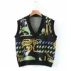 Vintage Femmes Abstracting Jacquard Pulls Gilet Mode Dames Col V-Col Tricoté Réservoirs Streetwear Femme Chic Pulls 210430