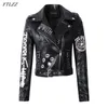 Ftlzz New Spring Outono Mulheres Inverno Faux Couro Casacos Preto Punk Rivet Jaqueta De Motocicleta Zipper Epaulet Impresso Casacos Biker