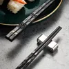 Chopsticks 5 Pairs Alloy Black + Silver Metal Sticks Circular Chinese Tableware U3Z0